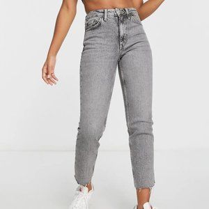 Topshop High Waist Raw Hem Straight Leg Jeans in Grey 27